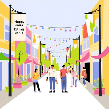 City streets lined with colorful flags and banners hanging from lampposts and buildings. The flags are vibrant shades of red, white, and blue, each with unique patterns and designs. Large banners display "Happy Republic Day" in bold letters. People are seen walking along the sidewalks, some carrying small flags. Decorative lights are strung overhead, adding a festive atmosphere to the scene. There are flower arrangements along the streets, with bright blooms adding splashes of color. The sky is clear and blue, creating a cheerful backdrop for the celebration.