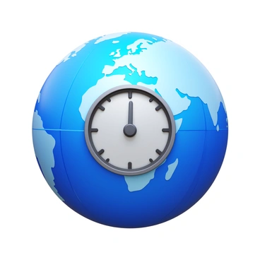 A clock face with distinct hour markers and hands placed over a globe. The globe displays various continents and oceans, with lines indicating different time zones across its surface. The clock face is transparent, allowing the globe's details to be visible beneath it. The time zones are highlighted in contrasting colors to emphasize their boundaries, while the clock hands point to a specific time.