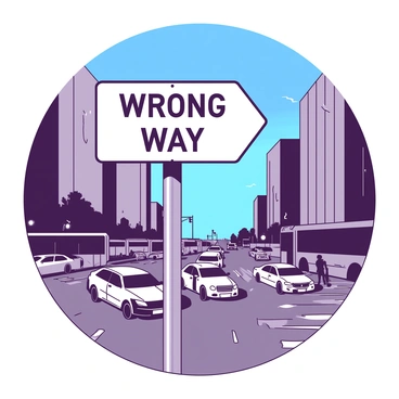 A street sign pointing the wrong way at a busy intersection