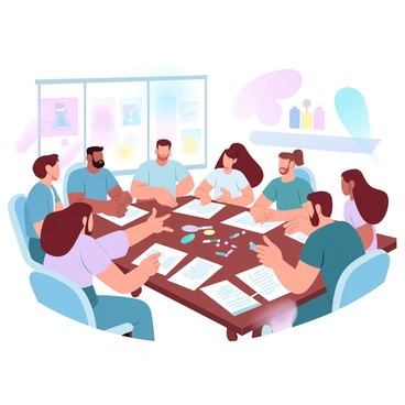 A team of illustrators is gathered around a large wooden table, each person actively engaged in reading a creative briefing. The table is covered with colorful sketches, swatches of pastel colors, and various art supplies. One illustrator with a sketchbook open in front is pointing at a section of the briefing, while others lean in to listen intently. The room is filled with warm natural light coming from large windows, and there are vibrant posters of artwork on the walls, enhancing the creative atmosphere. Each illustrator is dressed in casual, comfortable clothing, and the mood exudes collaboration and excitement.