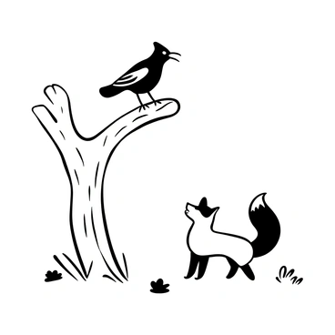 A curious crow perched on a thick branch, looking down intently. Below, a fox stands on all fours, with its bushy tail curled behind it. The fox is tilting its head slightly, as if in mid-conversation with the crow. The ground is covered with scattered leaves and small rocks, enhancing the woodland atmosphere. The scene captures the interaction between the two animals, highlighting their distinct shapes and postures.