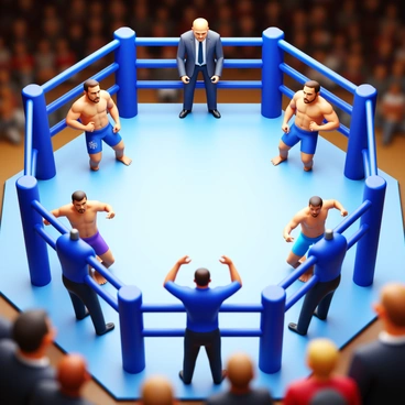 A close view of an octagon with a polished mat in the center. Inside the octagon, coaches are gathered, giving instructions to the fighters. The fighters are in their respective corners, stretching and warming up, wearing colorful fight shorts. The intensity of the moment is palpable as the coaches display focused expressions. The surrounding audience is blurred in the background, capturing the atmosphere of anticipation before the next bout.
