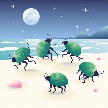 A group of scarab beetles with shiny green shells is dancing gracefully on a moonlit beach. The sand is pale and glistens under the soft light of the full moon. Each beetle has intricate patterns on its back, reflecting the moonlight. In the background, gentle waves are lapping at the shore, and a few seashells are scattered in the sand. The sky is a deep blue, dotted with twinkling stars. The scene captures a sense of movement as the beetles twist and turn, creating a mesmerizing display against the serene backdrop.