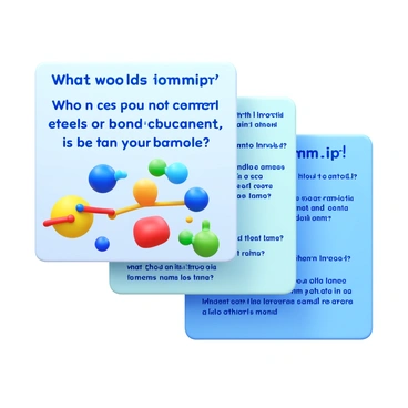 A set of illustrated quiz cards, each featuring a clear question about "ionic bonding". The cards are rectangular with a glossy finish. The front side of each card displays a colorful illustration related to ionic bonding, such as atoms transferring electrons. Each question is written in bold, easy-to-read text, prominently placed at the center of the card. The back of the cards includes the correct answer, along with a brief explanation of ionic bonding. The overall design is engaging and educational, appealing to students learning about chemistry.