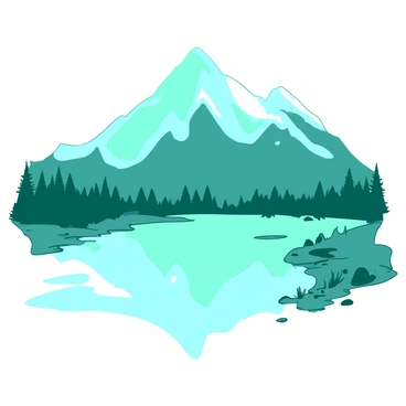A teal mountain range with sharp, jagged peaks rises majestically against the sky. In the foreground, there is a calm white lake that mirrors the towering mountains, creating a stunning reflection on its surface. Surrounding the lake, there are patches of green grass and small rocks scattered along the shoreline. The scene captures the clear blue sky above, enhancing the contrast between the mountains and the water.