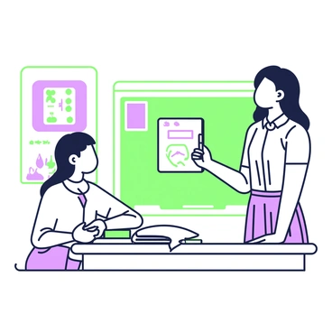 A girl with long hair is sitting at her school desk, facing forward and appearing thoughtful. She is wearing a light-colored blouse and a skirt. On her desk, there is an open notebook with some notes and a green pencil lying beside it. In the background, there is a teacher standing by a blackboard, pointing at a diagram. The classroom has several colorful posters on the walls, all enhancing the educational atmosphere. The girl's expression conveys deep concentration as she listens to the lesson.