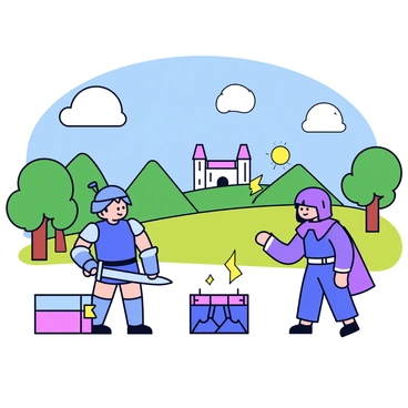 A retro video game setting featuring a group of pixelated characters. One character is a knight in blue armor holding a sword, standing next to a mage wearing a purple cloak, casting a spell. In the background, there are pixelated landscapes with rolling green hills, a bright blue sky, and blocky trees. The scene is filled with vibrant colors, showcasing a colorful treasure chest on the ground and a small castle in the distance.