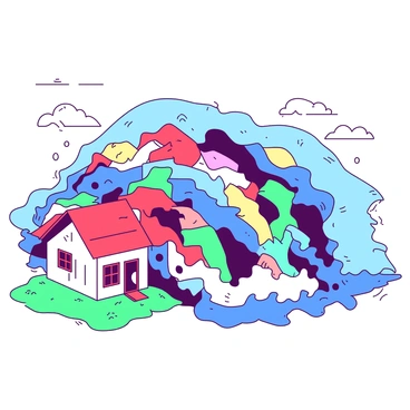 A massive tidal wave of laundry made up of various colorful garments is approaching a small white house with a red roof. The wave is formed by a chaotic mix of shirts, pants, and sheets, all swirling together as if caught in a powerful current. The tiny house, with its windows and door slightly ajar, stands firmly on a patch of green grass, creating a stark contrast against the impending wave. The sky above is overcast, hinting at an impending storm, and the atmosphere is filled with a sense of urgency as the wave looms closer.