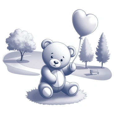 A teddy bear sitting on a patch of grass. It is holding onto a heart-shaped balloon with both paws. The park is filled with various trees, their leaves gently swaying in the breeze. A path winds through the background, leading to benches where people may sit. The teddy bear has soft, fluffy fur and a stitched nose, while the balloon is vibrant and floating above. The scene suggests a cheerful and playful atmosphere.
