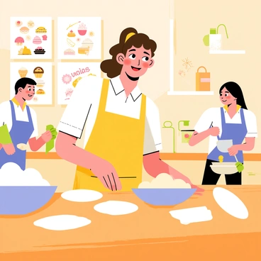 Marie, a young woman with curly brown hair tied back in a ponytail, is standing at a wooden kitchen counter. She is wearing a bright yellow apron over a white blouse. Various baking ingredients, such as flour, sugar, and butter, are neatly arranged on the counter. In the background, colorful posters of pastries and baking techniques adorn the walls of the cheerful cooking class environment. Other students, including a man with glasses and a woman with long black hair, are also engaged in baking, mixing ingredients in large bowls. The atmosphere is lively and filled with the excitement of learning as the aroma of freshly baked goods fills the air.