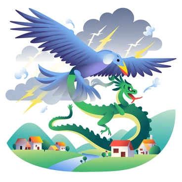 A thunderbird and a dragon locked in battle above a village, with lightning crackling around them