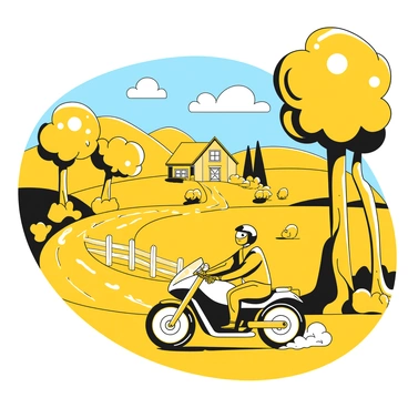A motorcycle with a sleek design is riding along a winding road surrounded by lush green fields and rolling hills. The road is bordered by tall trees that create a canopy overhead, filtering sunlight. In the distance, a quaint farmhouse with a white fence is visible, along with a few grazing sheep. The motorcycle rider is wearing a helmet and leather jacket, clearly enjoying the peaceful surroundings. A clear blue sky with a few white clouds completes the scene.