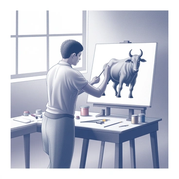 A traditional painter stands in a studio, focused on a canvas. The painter is applying brush strokes to create an image of "Nandi," the sacred bull, showcasing its form and features. The studio is filled with various art supplies, including brushes and jars of paint arranged on a nearby table. Soft light filters through windows, illuminating the workspace and enhancing the concentration of the painter as they depict the details of Nandi. The canvas displays the beginnings of a detailed representation of the bull, with emphasis on its posture and expression.
