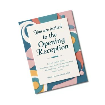 An invitation for an art gallery opening, featuring a bold design. The background consists of a mix of vibrant abstract art, showcasing swirling shapes and splashes of color including bright blues, reds, yellows, and greens. The text on the invitation reads: "You are invited to the Opening Reception," in an elegant font. Below, the details of the event are presented, including the date and time, displayed in a clean, modern typeface. The overall composition is eye-catching and modern, reflecting the dynamic nature of contemporary art.