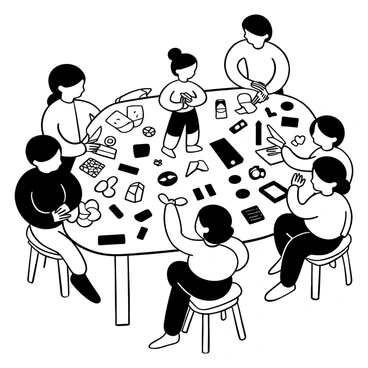 A craft station with several children engaged in making handmade decorations for an "onathappan" figure. Some children are cutting colorful paper into various shapes, while others are gluing pieces together. There are brushes filled with paint, and a table covered with ribbons, beads, and markers. Crayons and scissors are scattered around, and a completed "onathappan" figure is placed at the center of the table, adorned with vibrant decorations. Each child is focused on their task, showing a sense of creativity and teamwork.