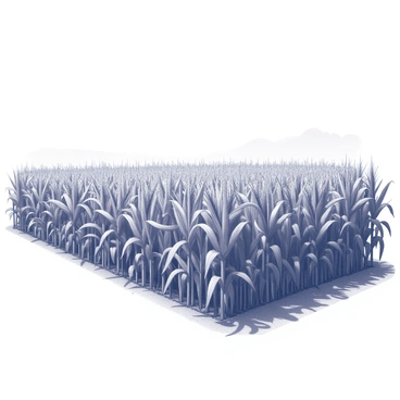 A vast cornfield extends across the landscape, filled with tall stalks of corn that rise high. The corn leaves are detailed, showcasing their texture as they sway gently in the breeze. The field is arranged in neat, uniform rows, creating a rhythmic pattern. In the distance, a clear sky complements the scene, while the sunlight casts soft shadows on the ground, enhancing the depth of the field.