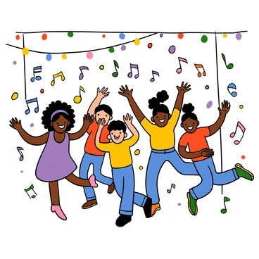A group of children of various ethnicities dancing joyfully in a brightly lit room filled with colorful lights. The kids are wearing vibrant outfits, with one girl in a purple dress, one boy in a yellow shirt, and another child in blue jeans and a red t-shirt. They are laughing and smiling, surrounded by musical notes floating in the air, creating a lively atmosphere. Some children are clapping while others are twirling or jumping, showing their excitement and energy.