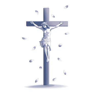 A figure of Jesus on a wooden cross, depicted in a solemn pose. He has a crown of thorns on his head, with his arms extended. Surrounding the cross are numerous petals gently falling from above, creating a serene atmosphere. The petals vary in size, some close to the ground, while others are suspended mid-air, caught in a moment of descent. The scene conveys a sense of reverence and tranquility, with the focus on the figure of Jesus and the delicate petals.