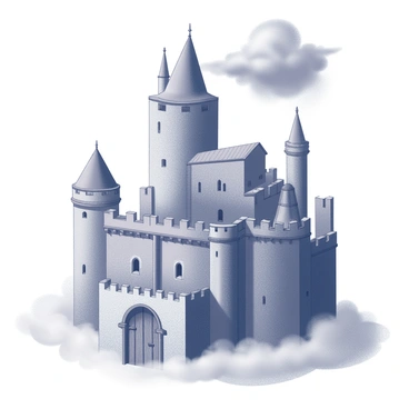 A towering, ancient castle surrounded by swirling mist and dark clouds