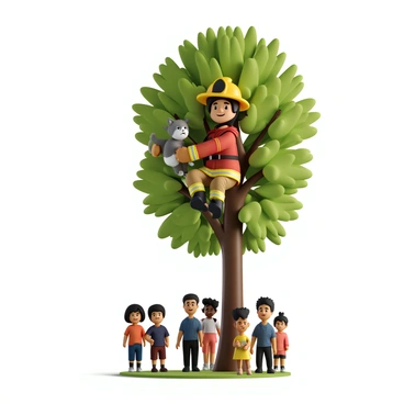 A firefighter wearing a yellow helmet and a red jacket, equipped with firefighting gear, climbs a tall green tree. The firefighter has short black hair and a determined expression. In one gloved hand, they gently hold a fluffy gray cat with white patches, cradling it safely. The tree is surrounded by bright green leaves, and the sunlight filters through the branches, casting dappled shadows on the ground below. A small crowd of onlookers, including children and adults, watch with expressions of relief and admiration.