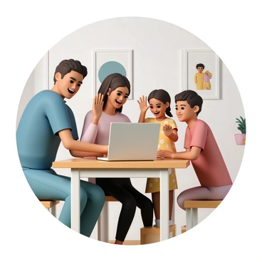 A family gathered around a laptop for a video call, smiling and waving at the screen.