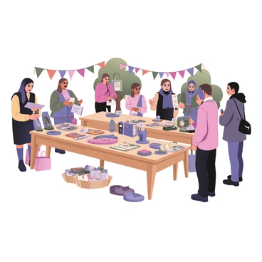 An outdoor artisan fair with tables displaying illustrated items and their respective price lists.