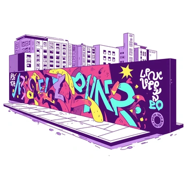 A vibrant urban wall is covered with intricate graffiti art featuring bold designs and varied patterns. The graffiti includes a multitude of shapes, swirling lines, and striking images that seem to come alive. Bright splashes of color dominate the wall, with contrasting elements creating a sense of depth and movement. The surrounding area is an urban environment, with hints of city life peeking around the edges of the wall, such as distant buildings and pavement.