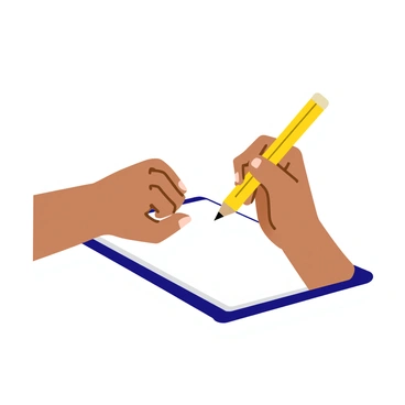 Two hands gripping a yellow pencil, with a sketchpad positioned on a wooden table. The sketchpad features a blank white page while the pencil hovers above, ready to create bold, clear lines. The fingers showcase a slight grip, emphasizing movement and focus. The scene captures the moment of artistic creation, with the hands in a dynamic posture, as if bringing a new drawing to life.
