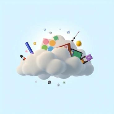 A large, fluffy cloud in a bright blue sky, surrounded by a soft glow. Within the cloud, various digital art tools are floating, including a stylus pen, a graphics tablet, color palettes, and digital brushes. The tools are designed with vibrant colors and intricate details. Sunlight filters through the cloud, casting gentle shadows of the tools onto the cloud's surface. There are also small, scattered icons representing software and applications, creating a lively and creative atmosphere.