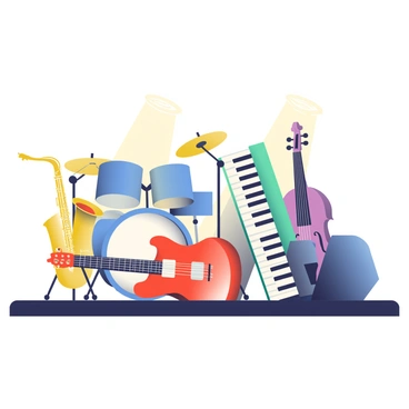 A variety of musical instruments are arranged on a stage. There is a bright red guitar with a shiny finish placed centrally. To the left, a blue drum set with bold white drumheads is set up, and next to it, a glossy yellow saxophone leans against the edge of a speaker. On the right, a green keyboard sits next to a purple violin, which has a gleaming body. The stage itself is a deep black, providing a contrast to the vibrant colors of the instruments. Soft spotlights illuminate each instrument, highlighting their unique shapes and finishes.