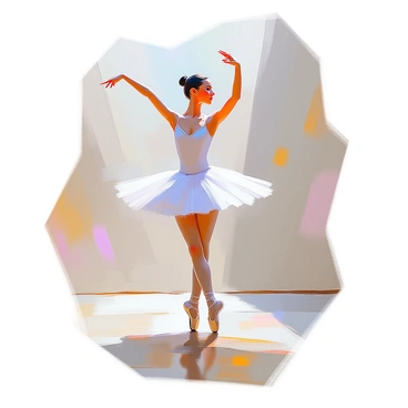 A graceful ballerina with a slender figure is executing a pirouette on a well-lit stage. She has long, flowing hair pulled back into a neat bun, and she is wearing a white tutu that flares elegantly as she spins. Her arms are raised in perfect form, and her expression is one of focus and passion. The background features soft shadows and subtle highlights, giving depth to the scene while keeping the spotlight on her dynamic movement. The elegance of her pose captures the beauty of ballet in motion.