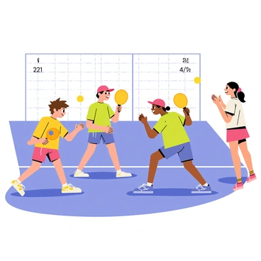 A group of children aged around 10 years, wearing colorful athletic clothing, are participating in a junior pickleball tournament. Each child holds a paddle and is positioned on a bright blue court. The first child, with short brown hair, is in a ready stance, displaying intense focus on the ball. Another child, wearing a red cap, is mid-swing, with their paddle raised high. Nearby, a girl with pigtails eagerly watches the action, clapping her hands. The scoreboard in the background shows a tight match, enhancing the competitive atmosphere of the scene. Sunshine casts clear shadows on the court, emphasizing the energy and excitement of the tournament.