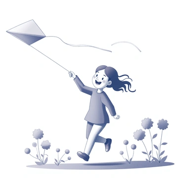 A cheerful girl running through a park while flying a kite. She has a wide smile on her face, and her hair is flowing in the breeze. The kite is soaring high above her, with a long tail trailing behind it. Surrounding her are various flowers, with distinct shapes and sizes, adding detail to the scene. The sunlight creates a bright atmosphere, illuminating the girl's figure and the flowers in the park.