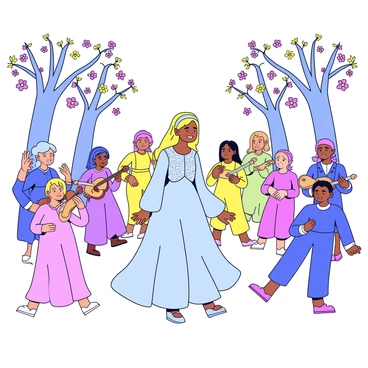 Galadriel stands gracefully at the center of an elven celebration, wearing a flowing gown adorned with shimmering silver and pale blue accents. Surrounding her are elves of various ages, all engaged in joyful dancing, their clothes made of delicate, lightweight fabrics that flutter with their movements. Colorful flowers in shades of pink, yellow, and violet are scattered throughout the scene, some in the elves' hair and others woven into garlands. The atmosphere is lively, with a group of elves playing musical instruments, including lutes and flutes, creating an enchanting melody that fills the air. In the background, tall trees provide a serene setting, their branches draped with soft, glowing lights.