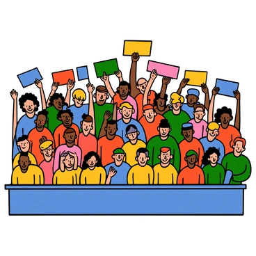 A large group of people in a stadium, wearing brightly colored shirts that represent the colors of the national flag. They are standing closely together, each person holding up a colored card or piece of fabric to create a visual representation of the flag. The scene shows a diverse crowd, with individuals of various ages and backgrounds, all smiling and looking up towards the sky, creating a sense of unity and celebration. The stadium is filled with excitement, and the flag pattern is clearly visible from above, showcasing the vibrant colors and shapes that form the national symbol.
