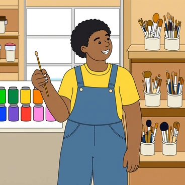 A young student with medium skin and curly black hair is standing in an art supply store. They are wearing a bright yellow t-shirt and denim overalls. The student is looking at a display filled with various colorful paint tubes, arranged in a rainbow of hues. In one hand, they hold a small paintbrush with a wooden handle. The shelves around them are stocked with brushes of different sizes, some in jars and others hanging in bundles. The store has a warm, inviting atmosphere with lots of natural light coming through the windows.