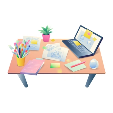 A workspace filled with scattered papers, art supplies, and gadgets, showing organized chaos