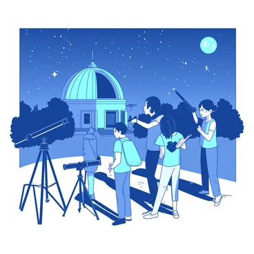 A group of students is gathered outside an observatory under a clear night sky filled with stars. Each student is peering through a telescope, with a telescope tripod set firmly on the ground beside them. The observatory building looms in the background, its dome slightly open to reveal additional telescopes inside. Some students are taking notes on clipboards while others are pointing excitedly at celestial objects visible in the sky. The scene is illuminated softly by the glow of the moon, casting shadows on the ground and creating a sense of wonder and exploration.