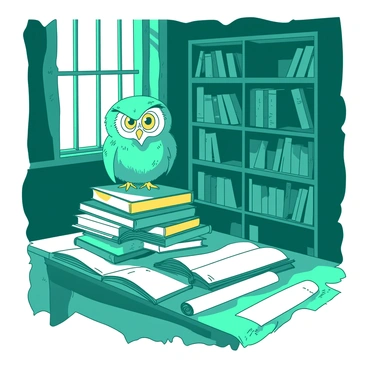 A teal old library filled with ancient scrolls and dusty shelves. The shelves are stacked with various books of different sizes, some of which are open with yellow pages visible. In the center, a wise owl with large, expressive eyes is perched atop a pile of dusty books, its feathers ruffled slightly as it observes the surroundings. Light filters softly through a high window, casting shadows across the scrolls spread out on a nearby wooden table. The atmosphere is filled with the scent of aged paper.