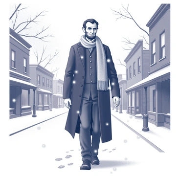 Abraham Lincoln wrapped in a scarf, walking through a snowy town