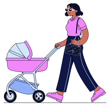 A fashionable mother is pushing a modern stroller with a sleek design. She is wearing a stylish outfit that includes a fitted blouse and tailored trousers. Draped across her body is a classic black Chanel bag with the iconic quilted pattern. The mother has shoulder-length wavy hair, and she wears oversized sunglasses. The scene captures the mother’s confident stance as she walks along a city sidewalk.