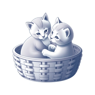 An outline of two kittens nestled close together in a woven basket. The kittens are depicted in a curled position, with one kitten's paw draped over the other. Their heads are slightly tilted towards each other, creating a sense of warmth and companionship. The basket is round and has a textured surface, emphasizing its cozy nature. Soft lines define the forms of the kittens, capturing their adorable features and the comfort of their shared space.