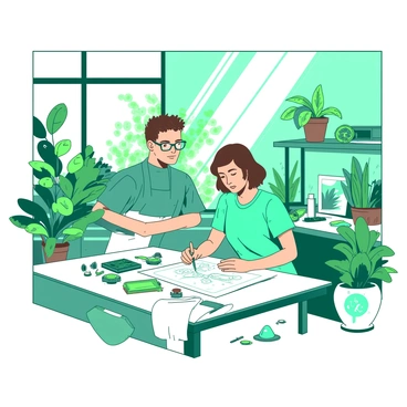 A bright workshop filled with sunlight streaming through large windows. The room is decorated with various green plants that add life to the space. In the center, two inventors are collaborating on an eco-friendly gadget. One inventor is a woman with short brown hair wearing a teal shirt, intently looking at a blueprint on a table. The other inventor is a man with glasses and curly hair, dressed in a white apron, holding a green electronic component. Various tools and parts are scattered around the table, and a few finished gadgets are displayed on shelves around the workshop.