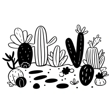A cactus garden arranged with various types of cacti of different heights and shapes. Stepping stones are placed strategically throughout the garden, leading through the greenery. Several succulents in different sizes and forms are positioned around the cacti, adding texture to the composition. The ground is covered with small pebbles, enhancing the desert-like aesthetic. A few small rocks are scattered among the plants, creating a natural look.