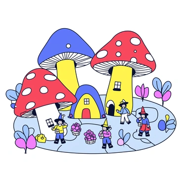 A quaint village built within giant mushrooms, with tiny fantasy inhabitants going about their day.