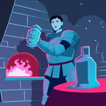 A knight from the medieval era stands in a dimly lit room, meticulously polishing a magnificent gauntlet. The gauntlet is intricately designed, featuring ornate engravings and a gleaming surface that reflects the warm glow of the hearth nearby. The knight is tall and robust, wearing a tunic adorned with a coat of arms, and his helmet rests on a nearby table. His face shows concentration as he holds a cloth in one hand and the gauntlet in the other. Shadows dance on the stone walls, created by the flickering flames of the hearth, casting a dramatic ambiance in the scene.