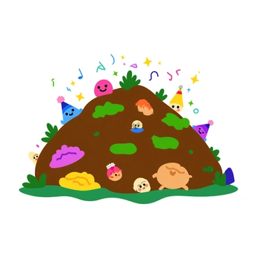A vibrant compost pile filled with various shades of brown, green, and yellow organic materials. Inside the pile, a variety of microscopic decomposers are illustrated, including cheerful bacteria and animated fungi. The bacteria have colorful, cartoonish shapes, some with smiling faces and tiny arms, while the fungi are depicted as small, whimsical creatures with colorful caps. Tiny sparkles and colorful streamers float around them to emphasize the festive atmosphere. The scene captures the lively interaction of these decomposers as they enjoy their 'party' among the decomposing materials.