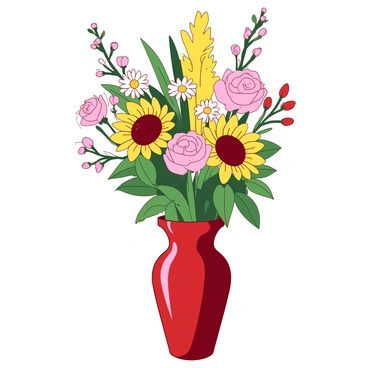 A vibrant red vase stands at the center of the image, filled with an assortment of colorful flowers. The bouquet includes tall yellow sunflowers, delicate pink roses, and soft white daisies, each contributing to the arrangement's overall beauty. Green stems and leaves emerge from the vase, framing the flowers. The background is softly blurred to emphasize the vivid colors of the flowers in the vase.