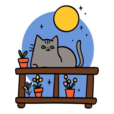 A fluffy gray cat with bright green eyes sitting on a wooden balcony railing. The cat has a relaxed posture, with its tail hanging off the edge. Above, a large, glowing full moon casts a gentle light over the scene. The night sky is dotted with tiny stars, creating a serene atmosphere. Nearby, potted flowers add a touch of color to the balcony, enhancing the cozy setting.