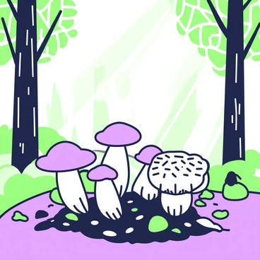 A cluster of mushrooms is emerging through a layer of morning fog in a quiet forest. The mushrooms have thick, sturdy stems and rounded caps that vary in shape. The forest floor is covered in rich, dark soil and scattered leaves. Tall trees with textured bark rise in the background, their silhouettes partially obscured by the fog. Sunlight filters through the branches, creating soft patterns of light and shadow on the ground. The atmosphere is tranquil, evoking a sense of calmness in the natural setting.